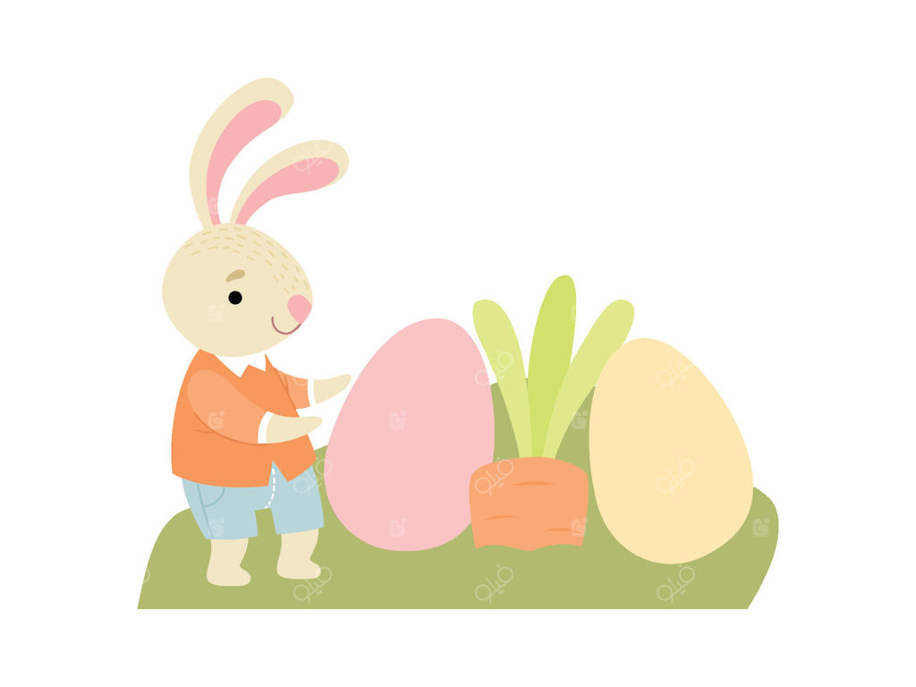 تصویر بامزه خرگوش در حال بازی با تخم‌مرغ‌های رنگارنگ در باغ، جشن شاد عید پاک