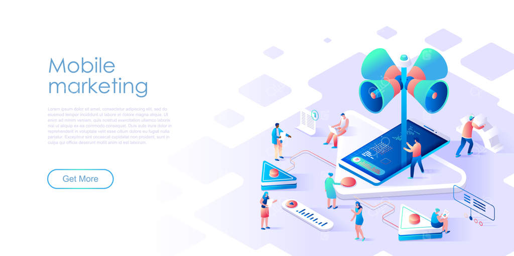 صفحه فرود ایزومتریک برای بازاریابی یا تبلیغات موبایلی - مفهوم مسطح