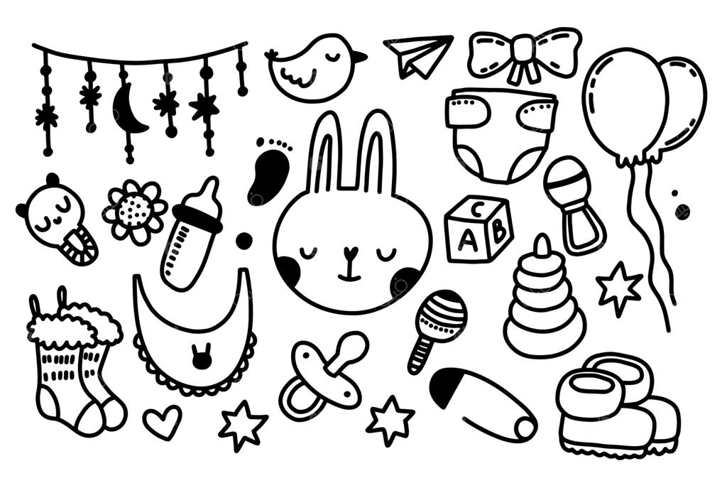 ست لوازم تولد نوزاد؛ شامل لباس، اسباب‌بازی و تزیینات. تصویرسازی دستی دخترانه و پسرانه با موضوع زندگی جدید