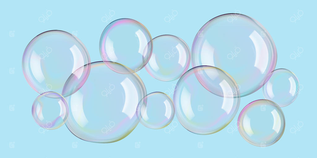 حباب‌های آب در پس‌زمینه آبی آسمانی شناورند. کف صابون با رنگین‌کمان رنگ‌ها. فوم واقعی و شفاف شامپو، آب تصفیه‌شده. مهره‌های حمام، بمب حمام، سرگرمی صابونی و پوستر لباس‌شویی