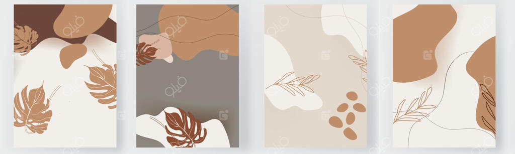 ست پوسترهای هنری انتزاعی: کارت چاپی گرمسیری، بنر و پوستر مدرن با اشکال خطی و گرافیکی، تزیینات برگ‌های طبیعی، طراحی هنرمندانه گیاهان، چاپ بنر، صفحه طراحی وکتور.