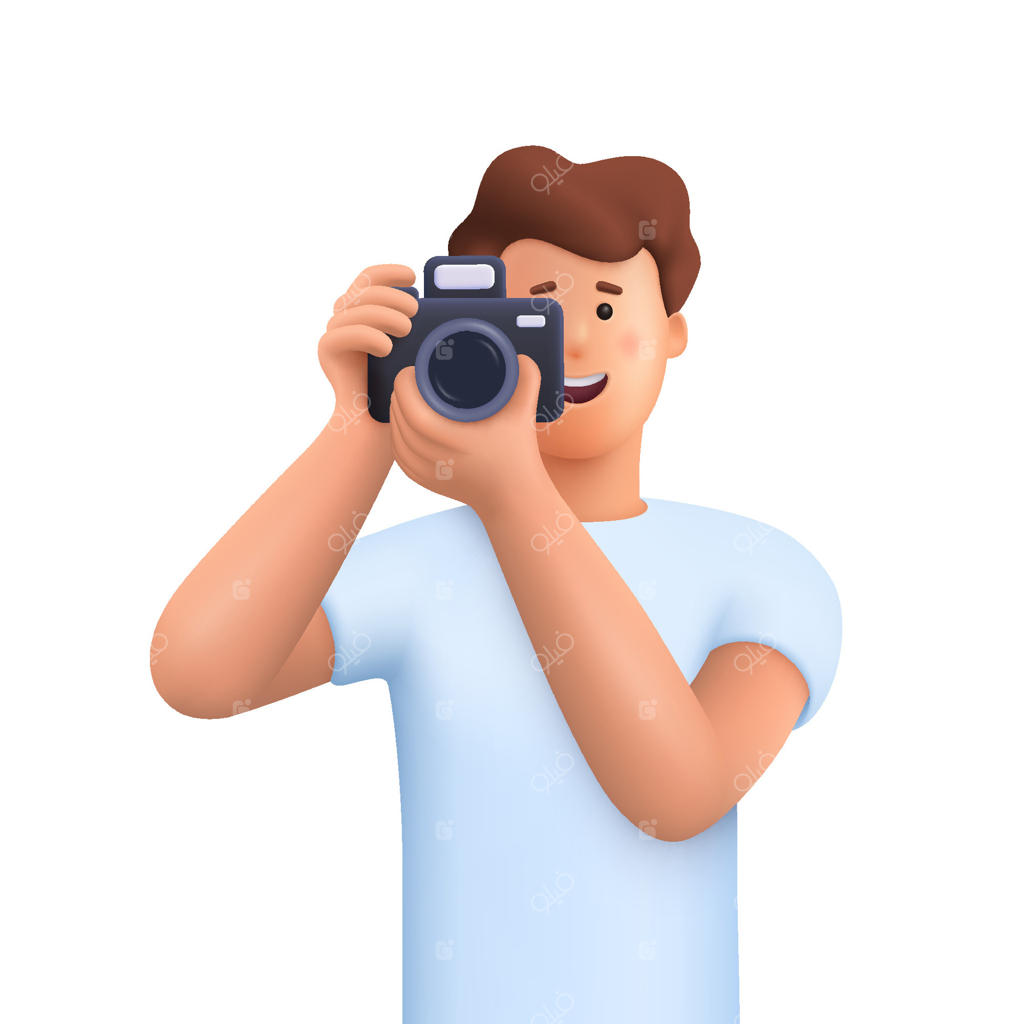 مرد جوان با دوربین در حال عکاسی و لبخند زدن. مفهوم عکاس حرفه‌ای. شخصیت سه‌بعدی کارتونی به سبک مینیمال.