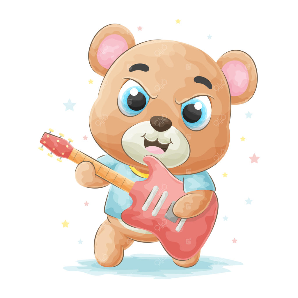 خرس دوست‌داشتنی دودل که گیتار می‌زند با تصویر آبرنگی