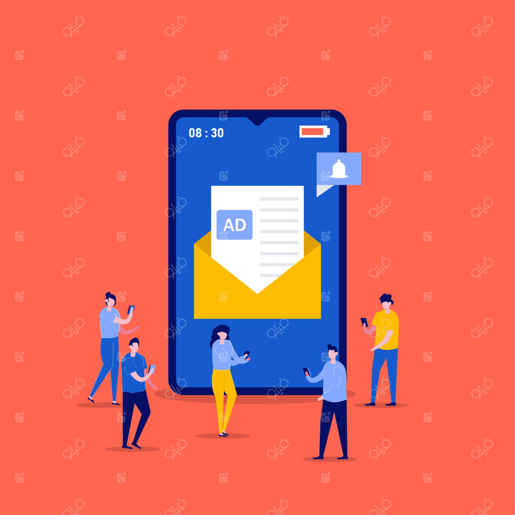 بازاریابی ایمیل موبایل، ترویج خبرنامه، کمپین تبلیغاتی، مفاهیم تبلیغات دیجیتال با شخصیت‌ها. افرادی که پیام تبلیغاتی ارسال می‌کنند.