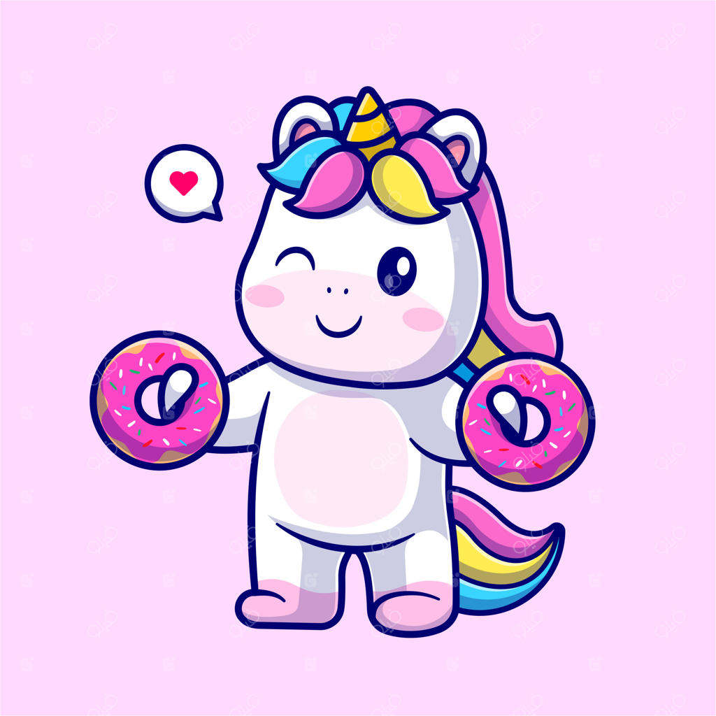تصویر وکتور بامزه‌ی اسب تک‌شاخ با دونات. مفهوم آیکون غذای حیوانات در طرحی ساده و جذاب