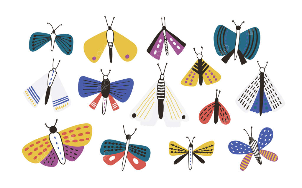 دسته‌ای از پروانه‌های رنگارنگ کارتونی روی پس‌زمینه سفید. مجموعه‌ای از حشرات شب‌پره با بال‌های رنگارنگ. تصویرسازی طبیعی به سبک ساده و کارتونی.