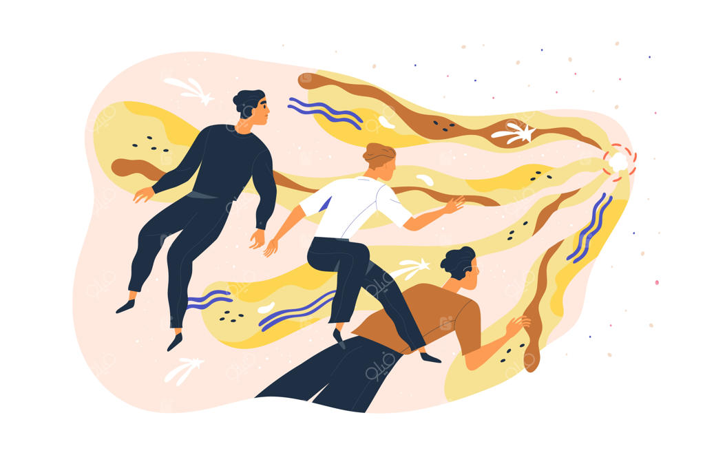 تیمی از افراد در حال اکتشاف ناشناخته‌ها و کشف جدید. گروهی از مردان پرشور در حال تحقیق درباره اسرار و رموز. مفهوم نوآوری و کشف. تصویر برداری فلت و جدا شده بر روی زمینه سفید.