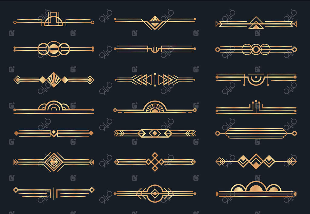 جداکننده‌های طلایی آرت دکو: مجموعه‌ای از عناصر تزئینی لوکس دهه ۱۹۲۰ با حاشیه‌های هندسی و جداکننده‌های طلایی کلاسیک