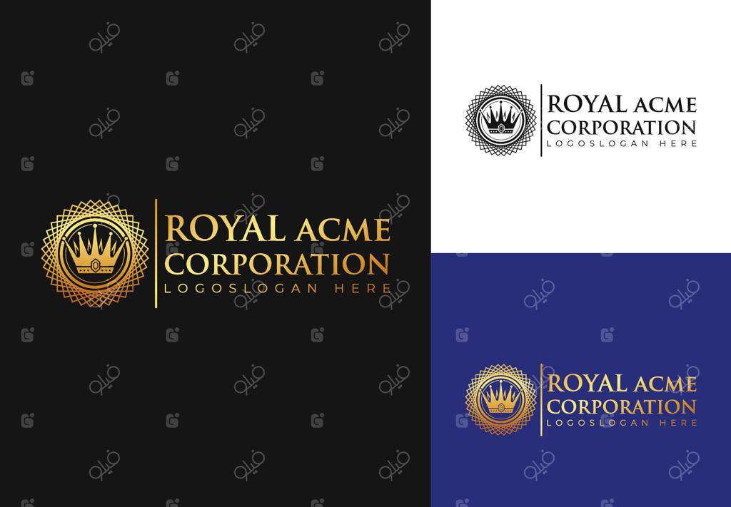 طراحی لوگوی سلطنتی و فاخر با تاج طلایی و عناصر تزئینی، مناسب برای برندهای لوکس و هویت بصری شرکت‌های رده‌بالا