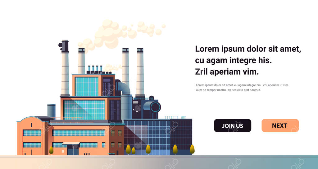 کارخانه تولید انرژی با دودکش‌ها و فرآیند تولید برق - ساختمان صنعتی تولیدی و صنعتی سنگین با دود از برج‌ها و مخازن ذخیره - تصویر برداری افقی