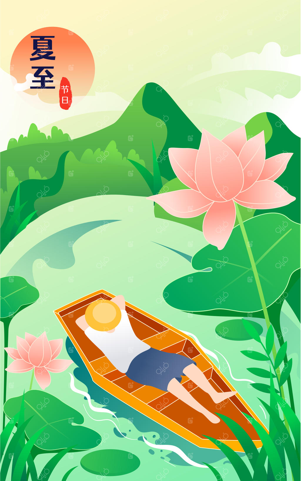 نقاشی وکتور از مردم در فضای باز تابستان با گل‌های نیلوفر آبی و رودخانه در پس‌زمینه