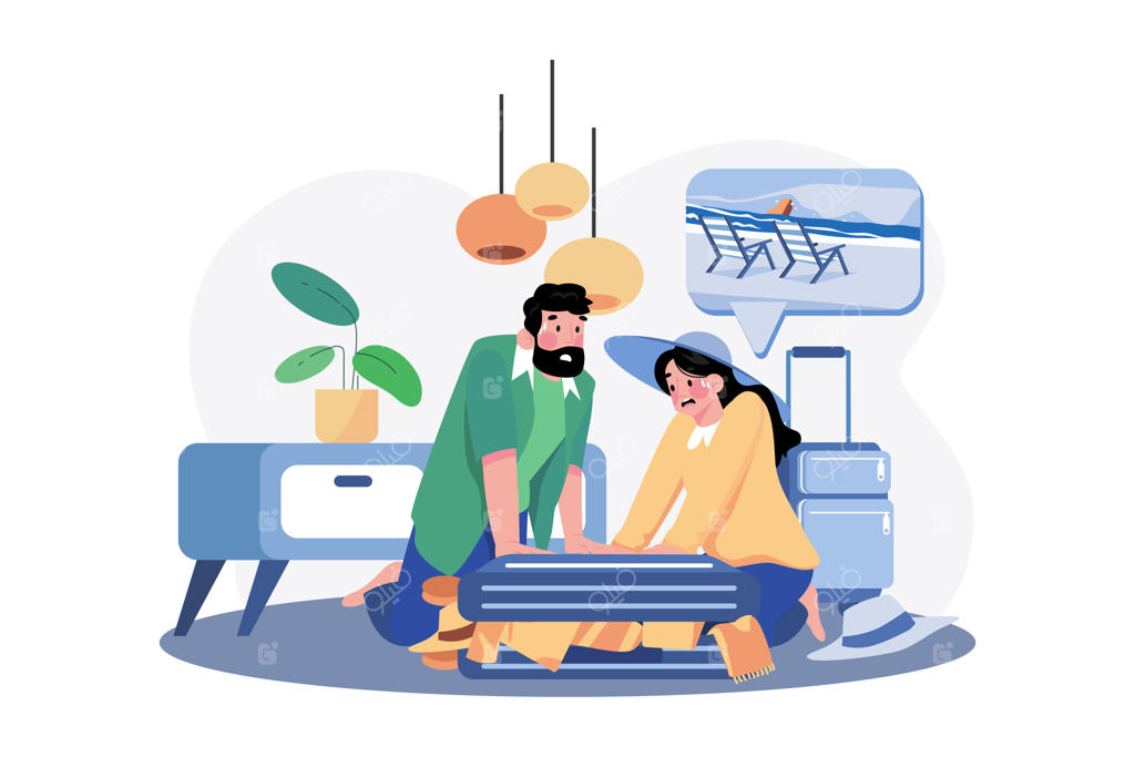مشکل زوج در بستن چمدان برای سفر