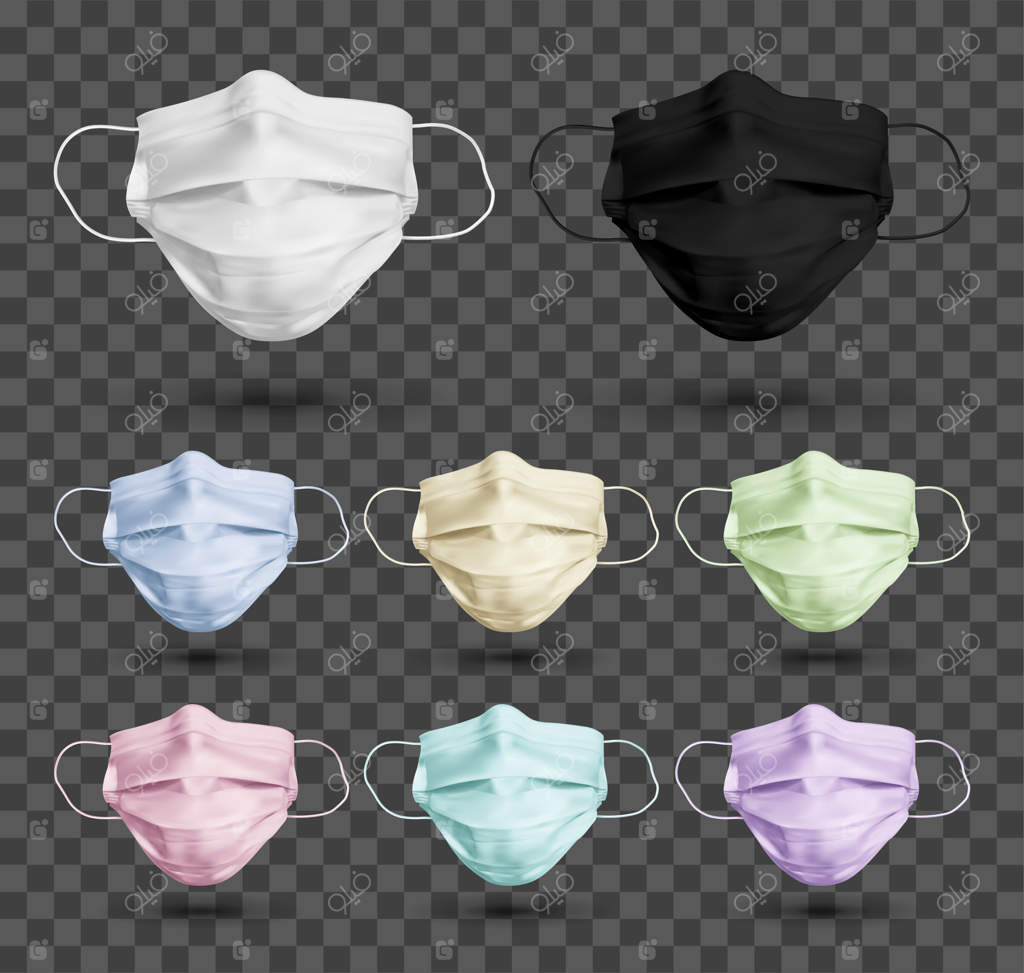 مجموعه‌ای از ماسک‌های پزشکی در رنگ‌های مختلف برای محافظت در برابر ویروس کرونا و عفونت‌ها. ماسک‌های پزشکی بر روی پس‌زمینه شفاف. تصویرسازی واقعی.