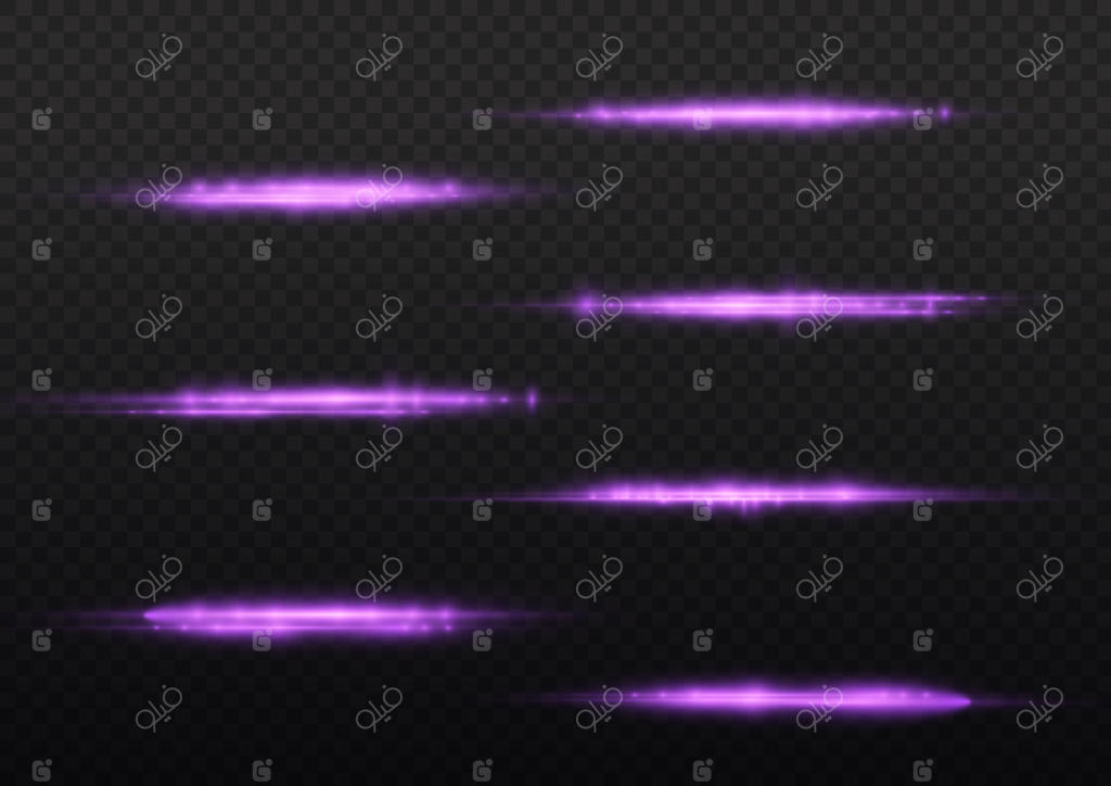 پرتوهای نور بنفش با سرعت لیزری و درخشش نور افقی و درخشش خط بنفش در حرکت