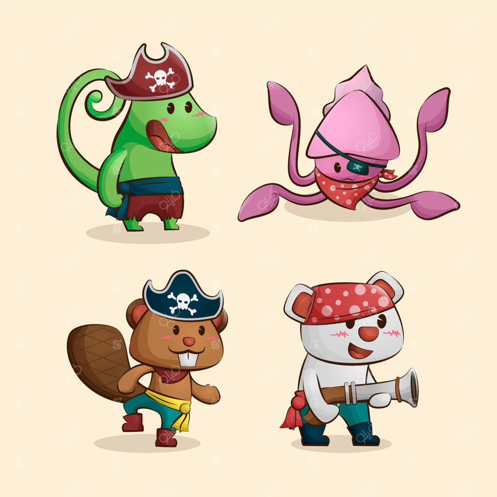مجموعه کاراکترهای کارتونی حیوانات دزد دریایی بامزه