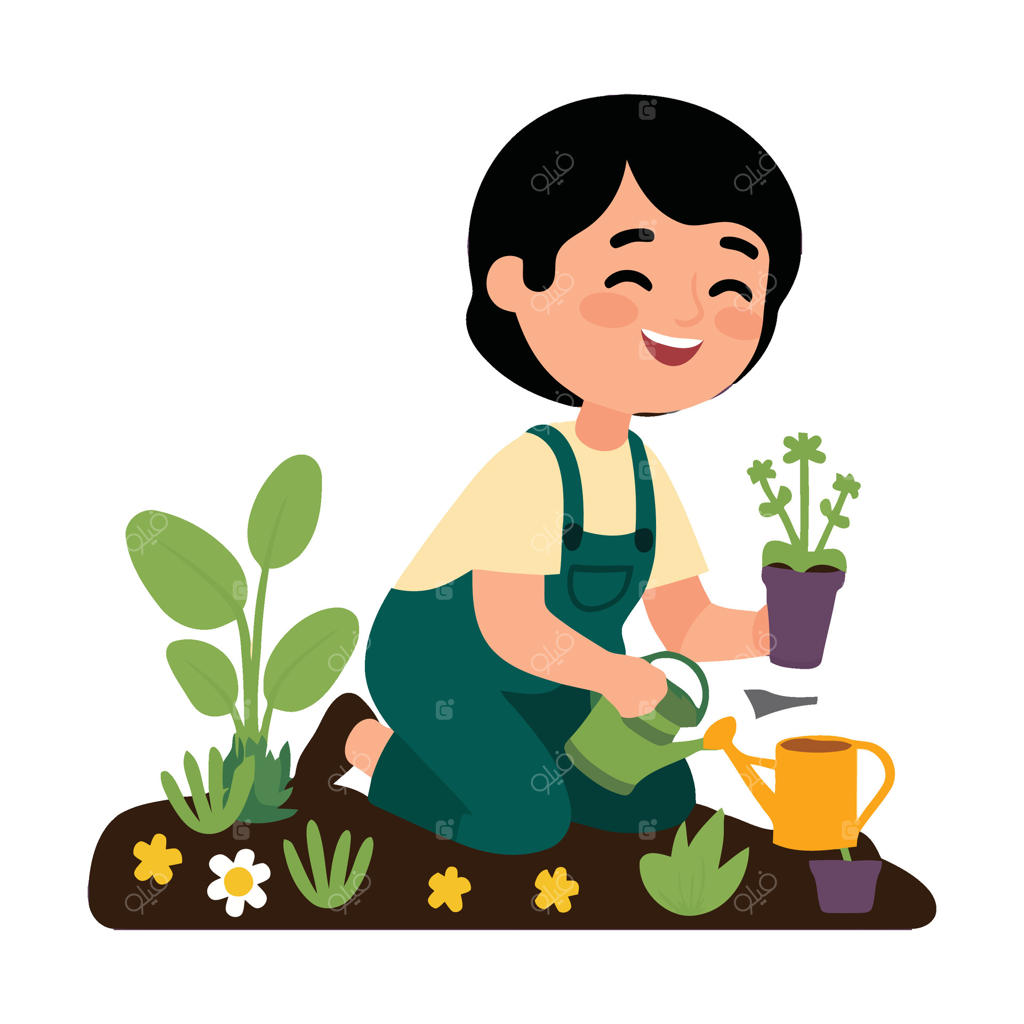 زنی در حال آبیاری گیاهان در باغ است.