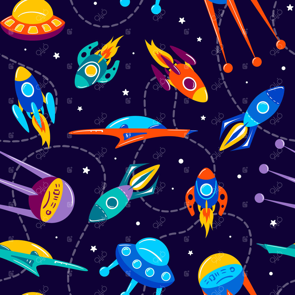 طرح بدون درز موشک‌های رنگارنگ و درخشان در فضا. کهکشان، رویا و کیهان. سفر فضایی، پرواز میان سیاره‌ها و ستاره‌ها. شاتل، بشقاب‌پرنده، آینده. مناسب برای کاغذدیواری، پارچه و پس‌زمینه. طراحی دستی.