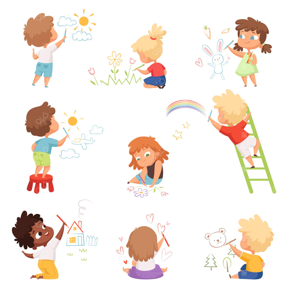 هنرمندان کوچک: کودکان در حال بازی و نقاشی با مداد شمعی رنگی - شخصیت‌های بامزه و خنده‌دار. نقاشی و بازی کودکان.