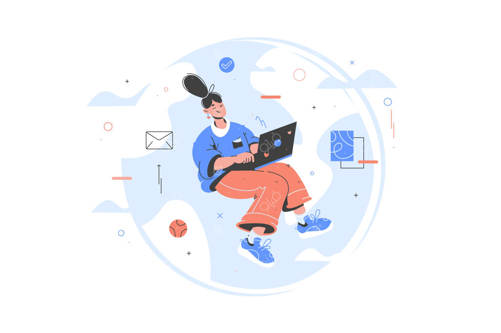 زن تاجر در حال کار با لپ‌تاپ بر روی سیاره‌ای دیگر