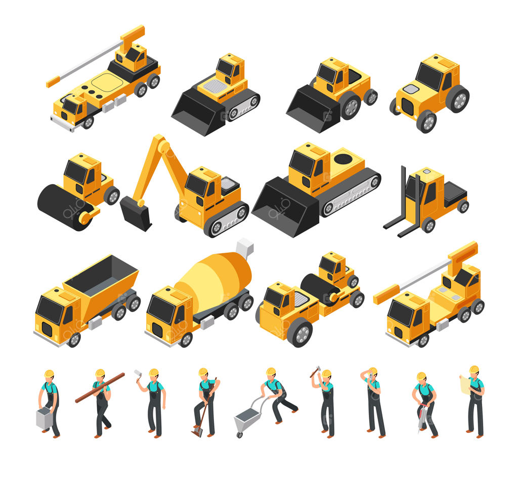 کارگران ساخت و ساز ایزومتریک، ست وکتور سه‌بعدی ماشین‌آلات و تجهیزات ساختمان‌سازی