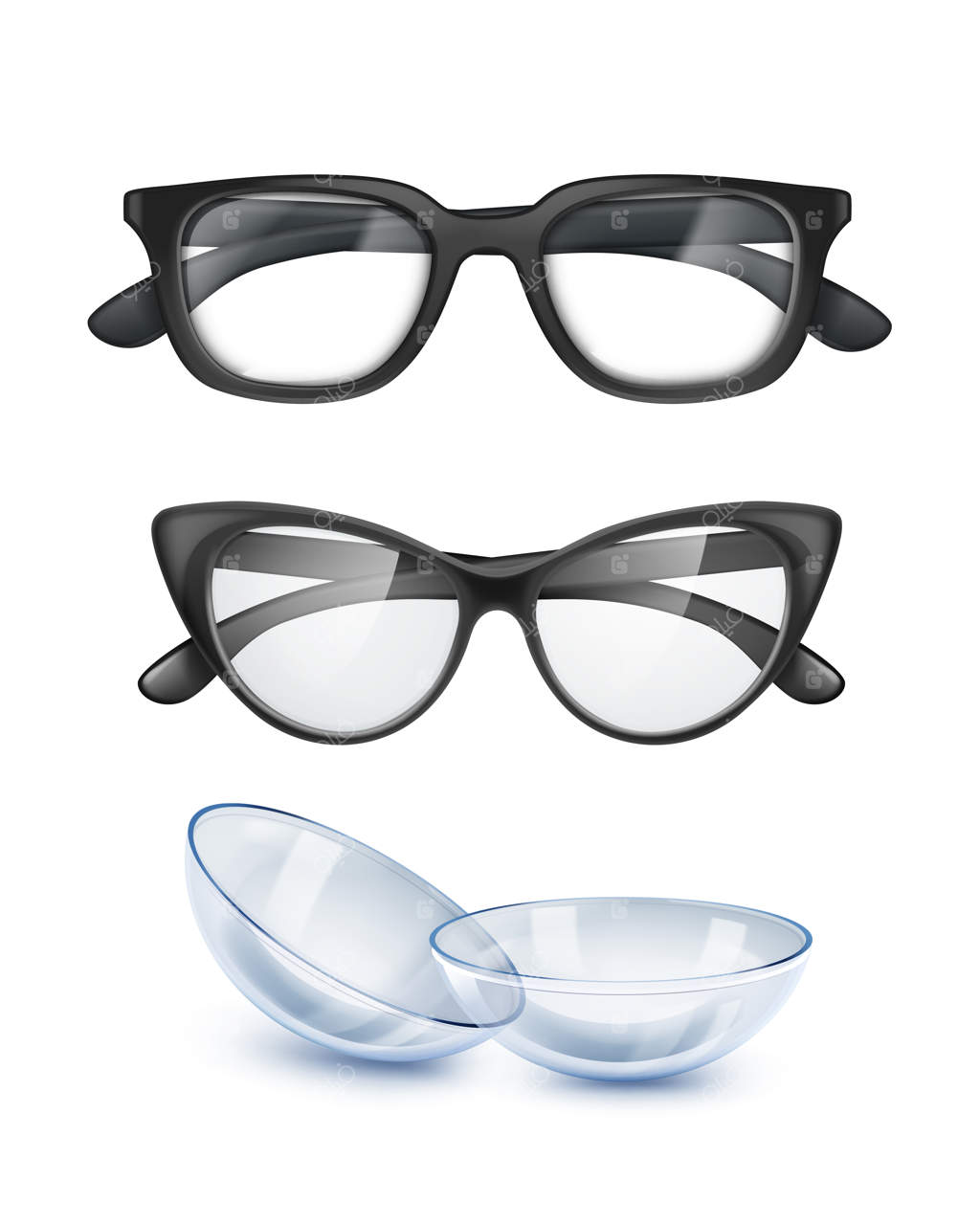 تصویری از دو عینک با قاب مشکی و قالب لنزهای تماسی