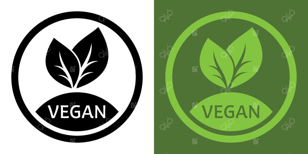 نماد گرد سبز برای برچسب‌ها و لوگوی محصولات وگان، بدون گوشت، بدون لاکتوز، سالم و غذای تازه با تصویر برگ سبز