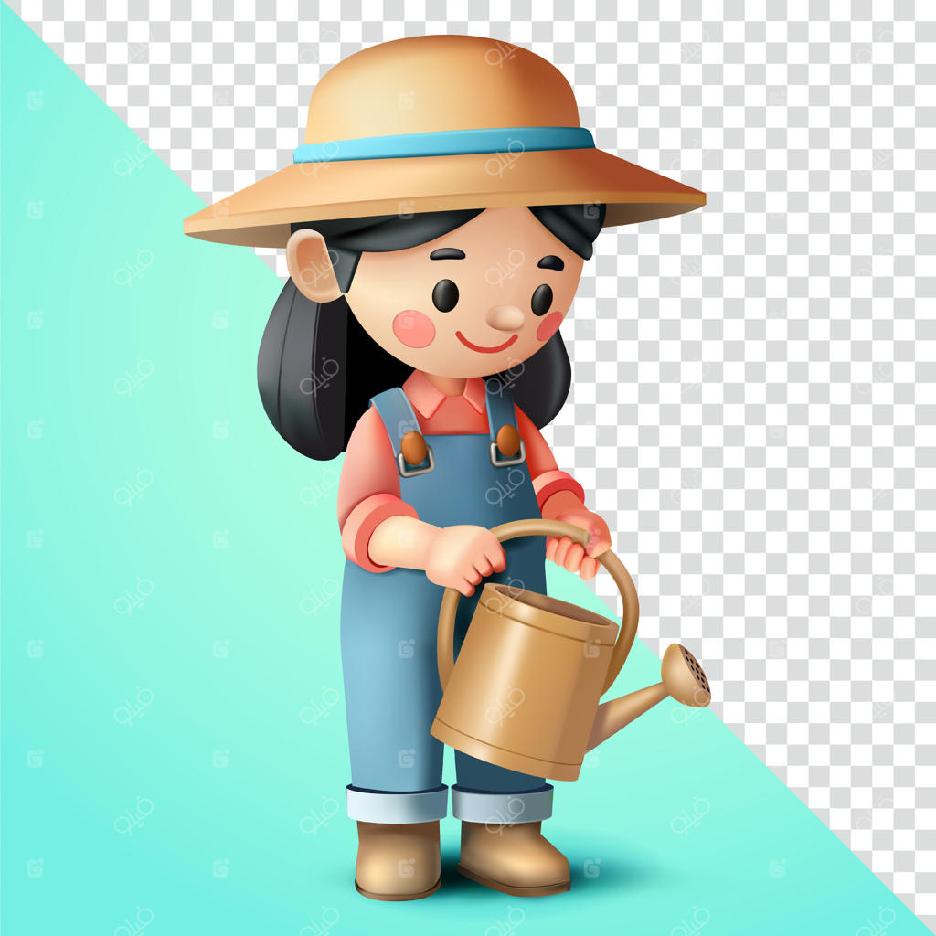 زن کشاورز در حال آبیاری گیاهان، سه بعدی. مناسب برای مزارع، دامپروری و کشاورزی