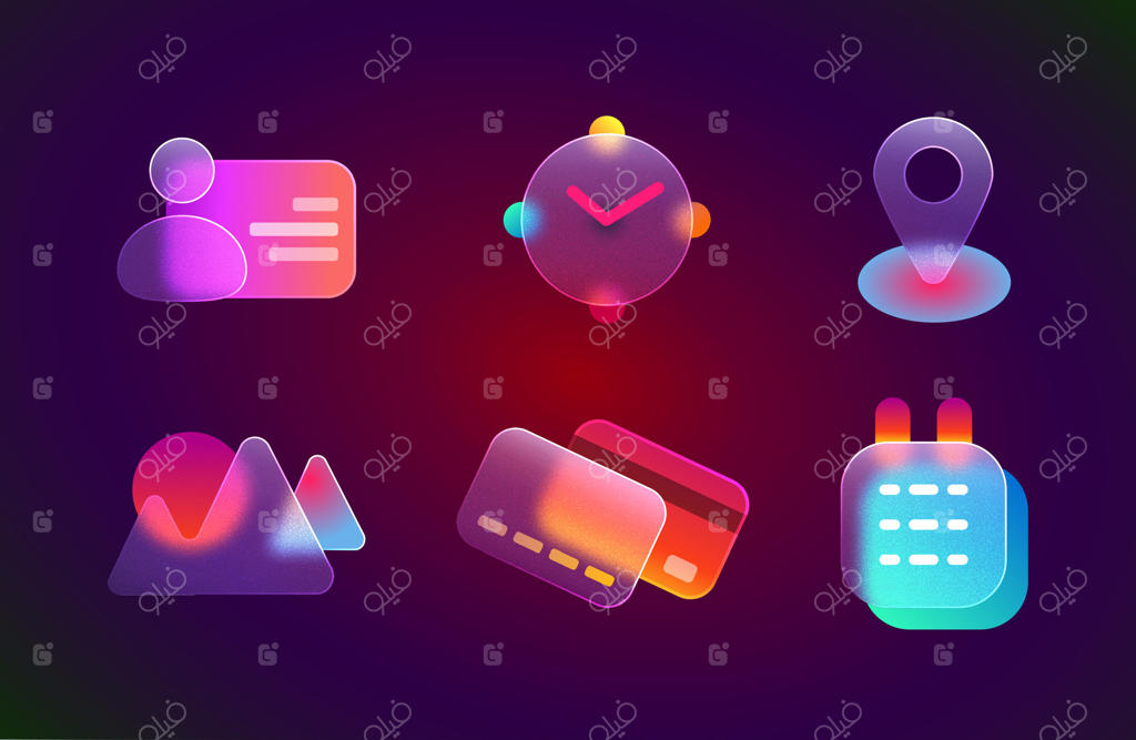 مجموعه آیکون‌های رابط کاربری گلس‌مورفیسم (شیشه‌ای) واقع‌گرایانه برای وب‌سایت و اپلیکیشن موبایل؛ شامل وکتور مکان، گالری، تماس، تقویم، کارت اعتباری و ساعت با پس‌زمینه محو