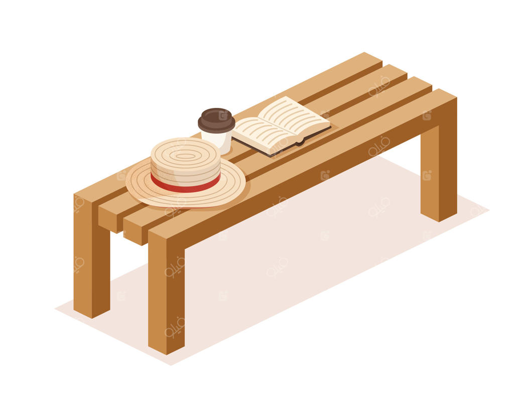 نیمکت چوبی ایزومتریک در پارک با کلاه قایق‌ران، کتاب باز و فنجان قهوه بیرون‌بر. لحظه‌ای آرام‌بخش در فضای باز. مفهوم آرامش، اوقات فراغت، مطالعه در پارک یا سبک زندگی تابستانی.