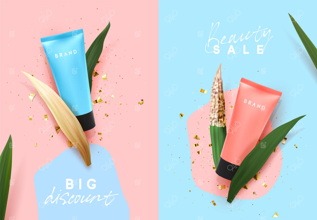 کرم آرایشی در تیوپ آبی و صورتی با گیاهان گرمسیری، برگ‌های طبیعی واقعی خشک و تازه. برند لوازم آرایشی. بنر تبلیغاتی، پوستر فروش. نمای مسطح از بالا. تصویرسازی وکتور