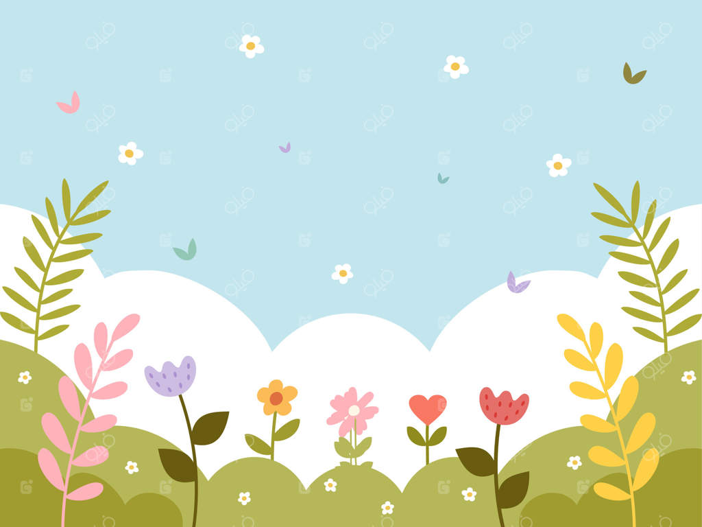 پس‌زمینه بهاری باغ: گیاهان زیبا و رنگارنگ، برگ‌ها و گل‌ها. آسمان آبی. بنر قالبی