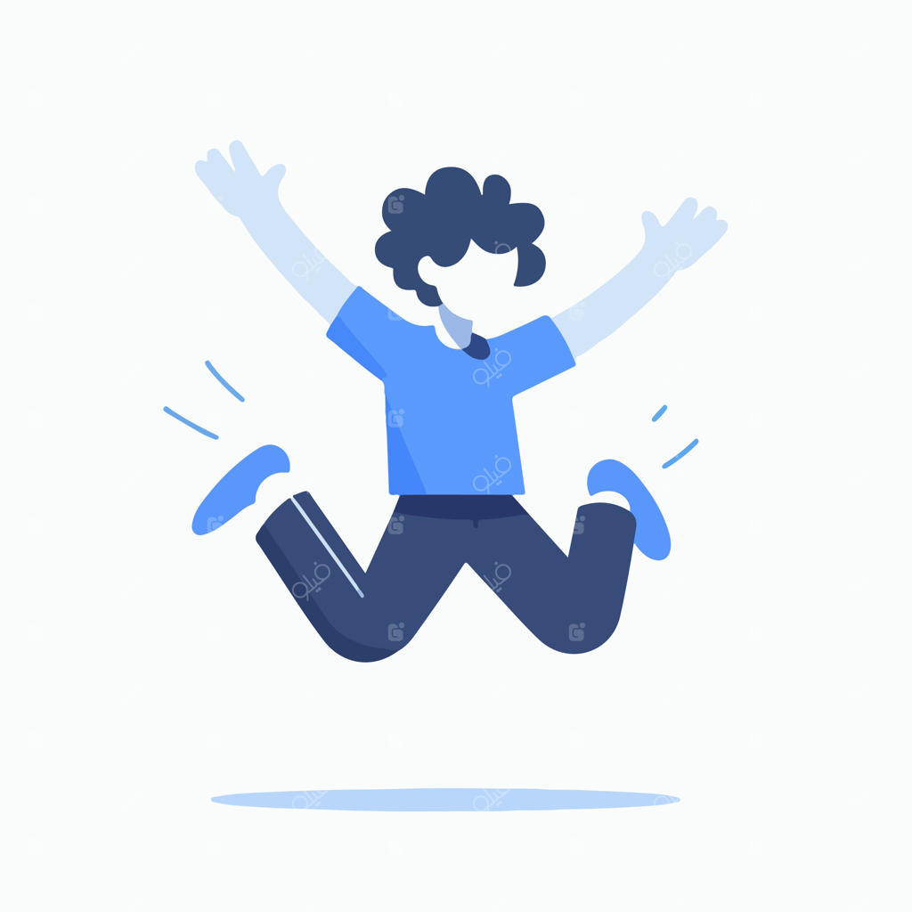 وکتور نوجوان مو فرفری در حال پریدن با خوشحالی با طراحی فلت ساده و مینیمال