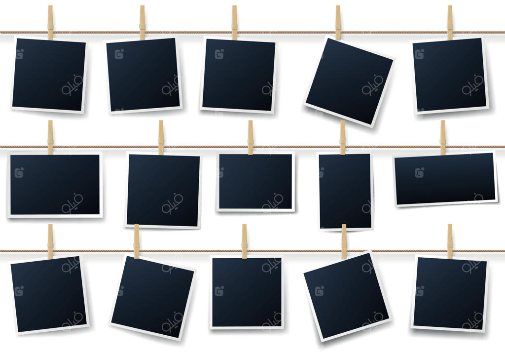 عکس‌ها روی گیره‌های لباس: مجموعه تصویرسازی قالب چاپ عکس‌ها، قاب عکس قدیمی آویزان روی طناب