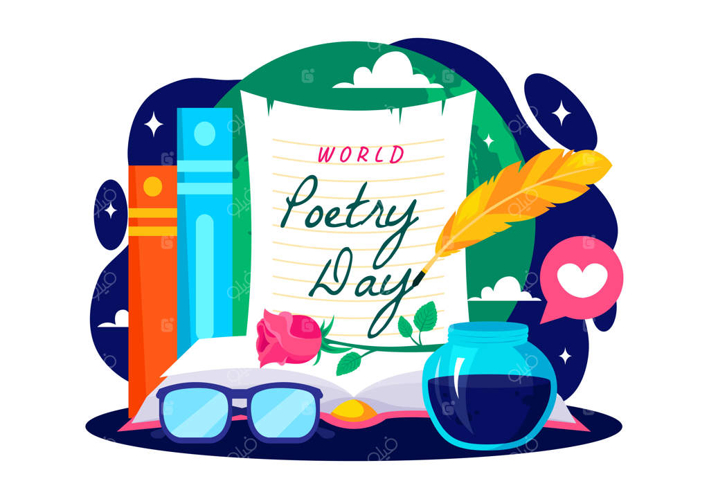 تصویرسازی وکتوری روز جهانی شعر در ۲۱ مارس با ابزارهای نوشتن و ماشین‌تحریر در پس‌زمینه‌ای کارتونی و مسطح