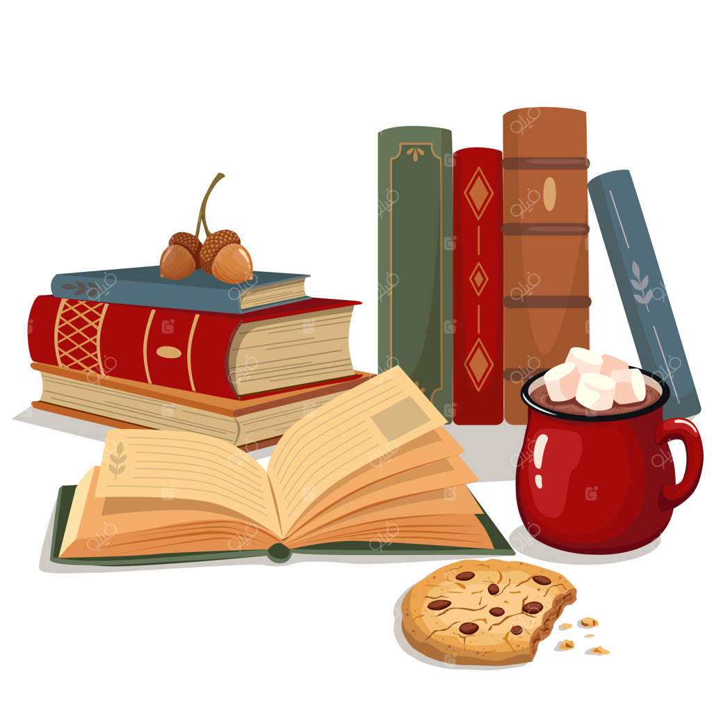 تصویر وکتور پاییزی از یک فنجان شکلات داغ و کتاب باز همراه با کوکی‌های خورده‌شده - پاییز دنج