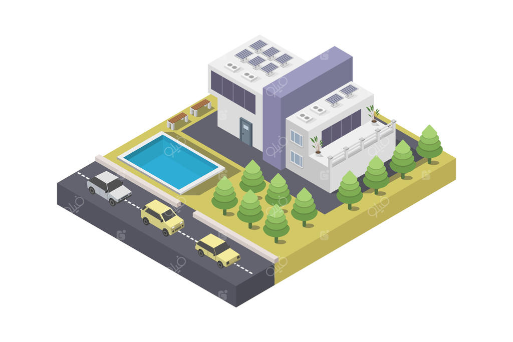خانه مدرن با پنل‌های خورشیدی به صورت ایزومتریک
