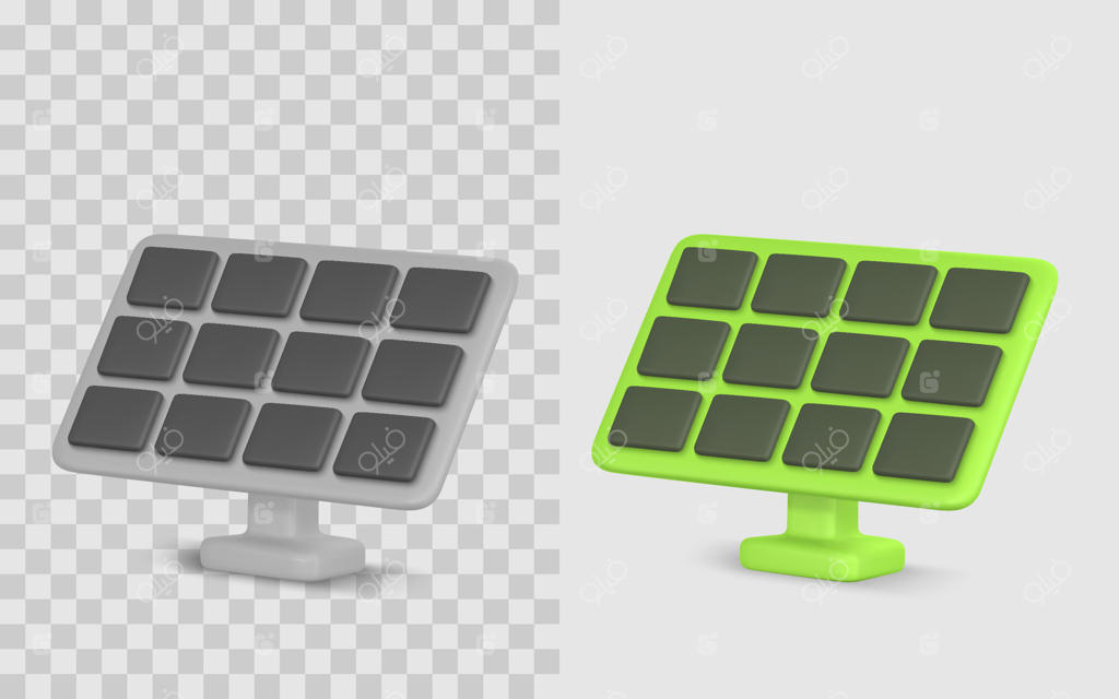 نماد سه‌بعدی پنل خورشیدی با طراحی براق و مدرن، عنصر فناوری انرژی سبز برای اپ‌های زیست‌محیطی، رابط کاربری و اینفوگرافیک‌ها. تصویرسازی