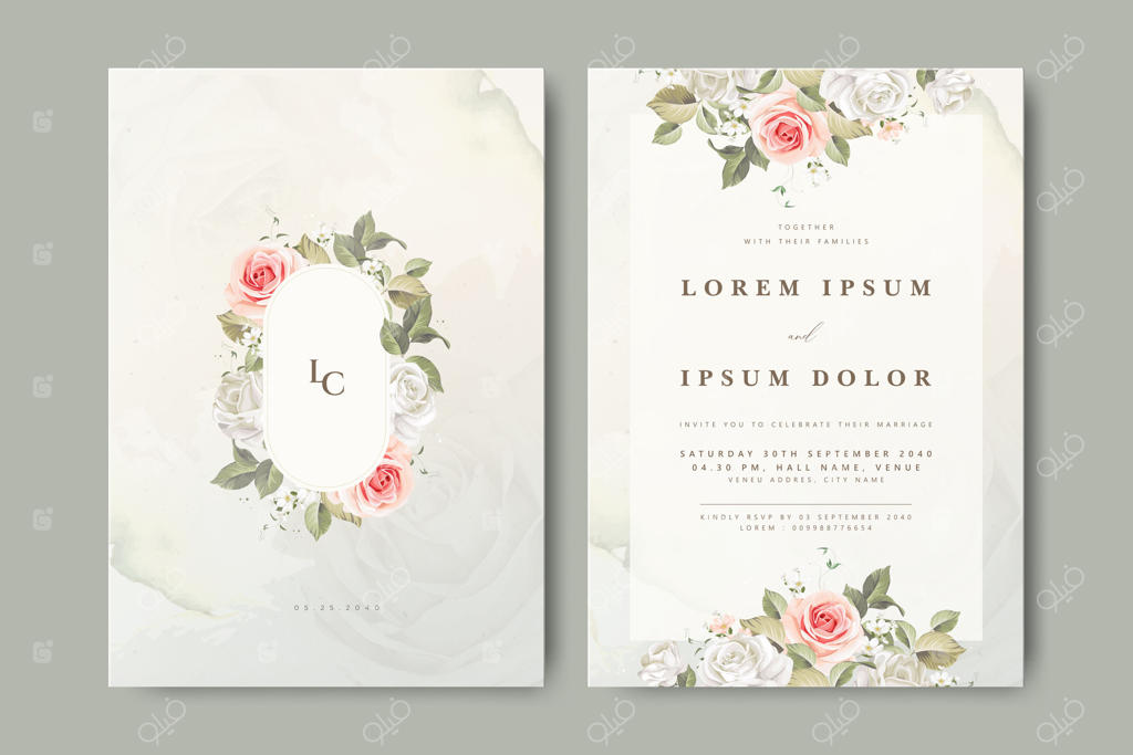 قالب طراحی دعوتنامه عروسی با طرح گل‌های شگفت‌انگیز وکتور حرفه‌ای