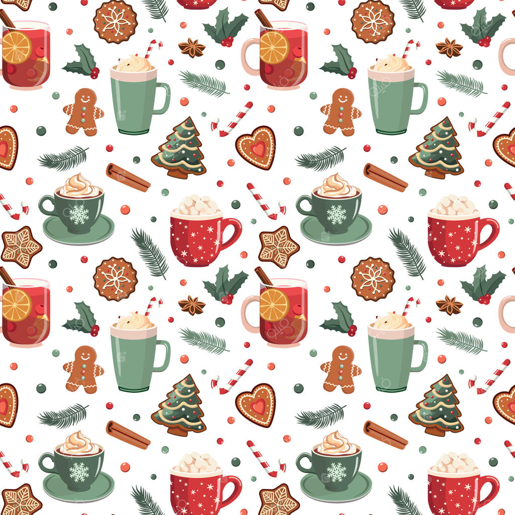 نان پزی عید کریسمس و تعطیلات زمستانی، طرح یکپارچه نوشیدنی‌های داغ. شیرینی‌های زنجبیلی کارتونی. کاغذ دیجیتال با تم کریسمس. زمینه سفید.