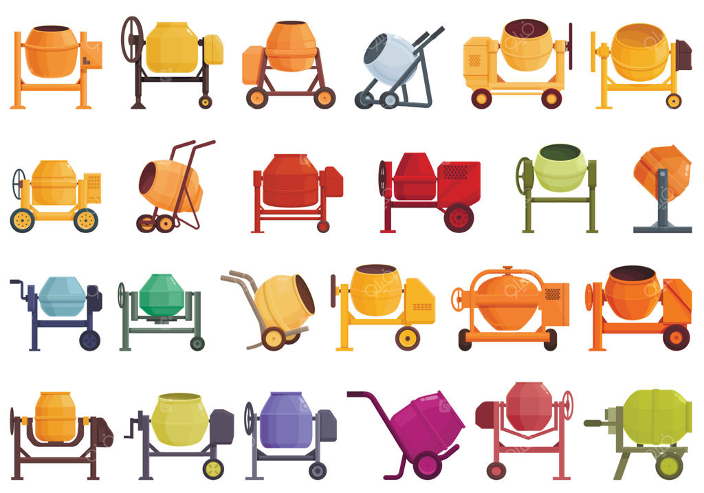 مجموعه آیکون‌های میکسر سیمان به سبک کارتونی - مواد بتنی