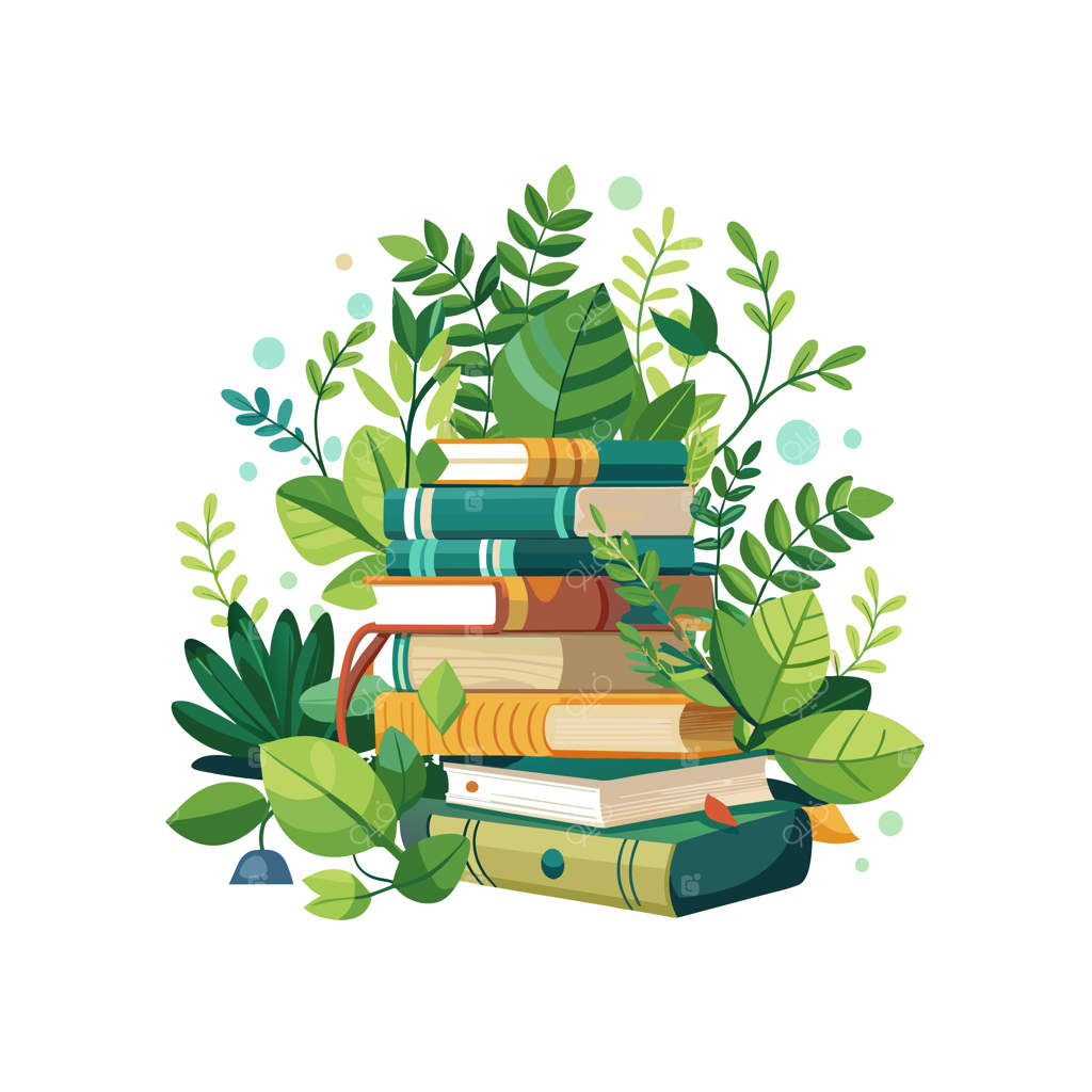 ستونی از کتاب‌ها با برگ‌های سبز و زمینه سفید