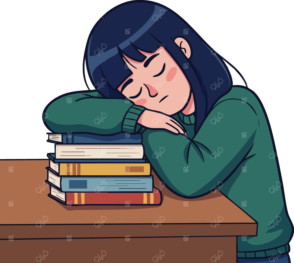 تصویر زنی جوان خوابیده بر روی توده‌ای از کتاب‌ها در محیط آرام مطالعه