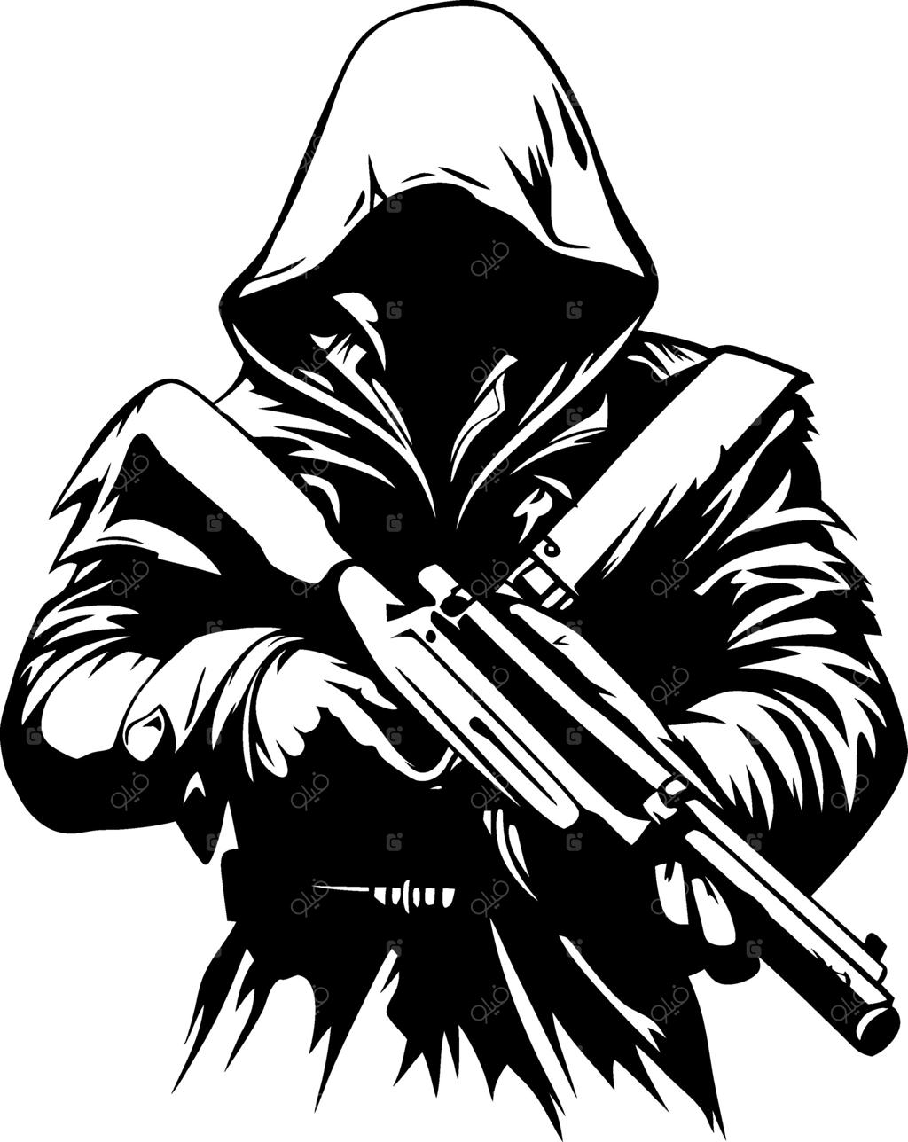 پیکر کلاه‌پوش و مرموزِ سلاح به دست با لباس تیره، مناسب برای پروژه‌های طراحی گرافیک