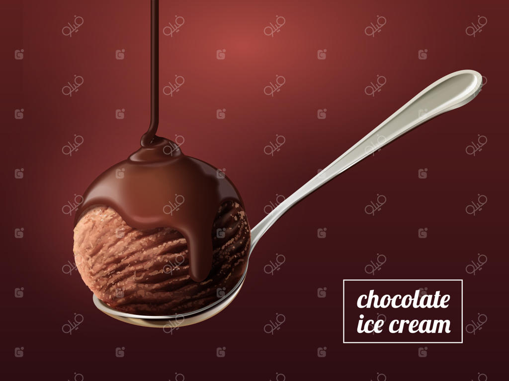 یک اسکوپ بستنی شکلاتی با سس شکلاتی لوکس که روی آن جاری شده بر روی پس‌زمینه قرمز روشن