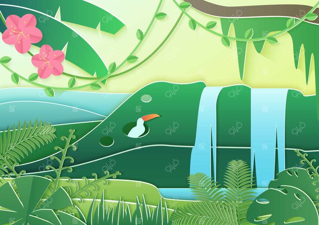 دنیای جنگل با سبک کاغذی مدرن. مفهومی از جنگل‌های بارانی گرمسیری با پرندگان و آبشار.