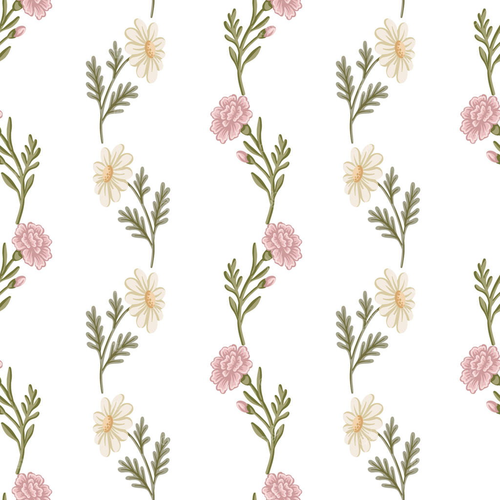 پترن راه راه عمودی از گل میخک و گل مروارید. طراحی دستی گل‌ها با حسی نوستالژیک و زیبا. ایده‌آل برای پارچه و کاغذ دیواری. مناسب برای روتختی و دکوراسیون اتاق کودکان.