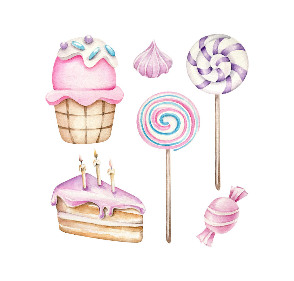 کیک تولد، آب‌نبات، کاپ‌کیک، و آب‌نبات چوبی