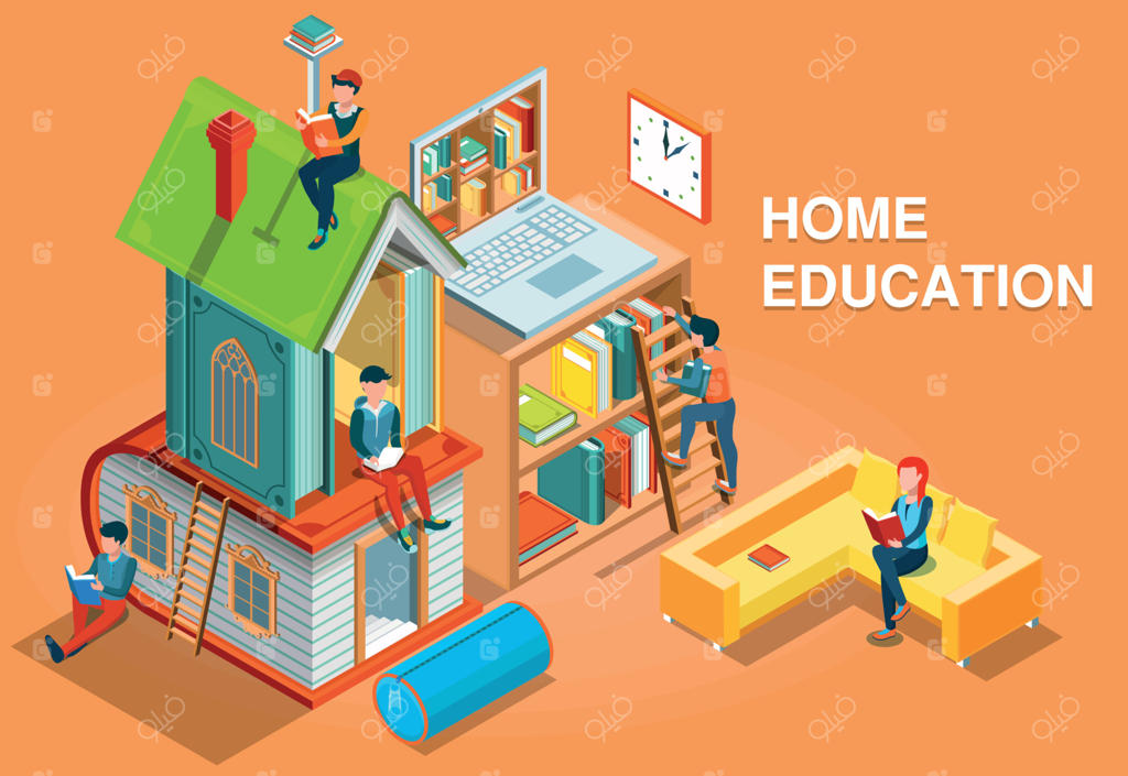تصویر مفهومی آموزش در خانه به صورت ایزومتریک