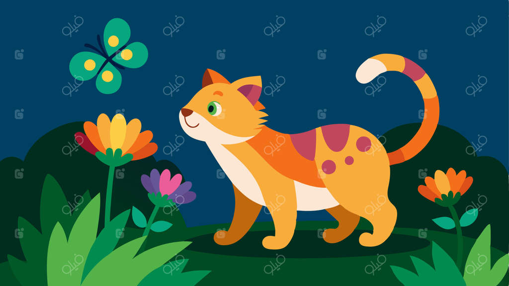 باغی پر از نشاط در باغی پر از گل‌های رنگارنگ و چمن سبز و انبوه، گربه‌ای کوچک و سه‌رنگ به دنبال پروانه‌ بال‌زن بازی می‌کند. تضاد رنگ‌های شاداب گل‌ها چشم‌نواز است.