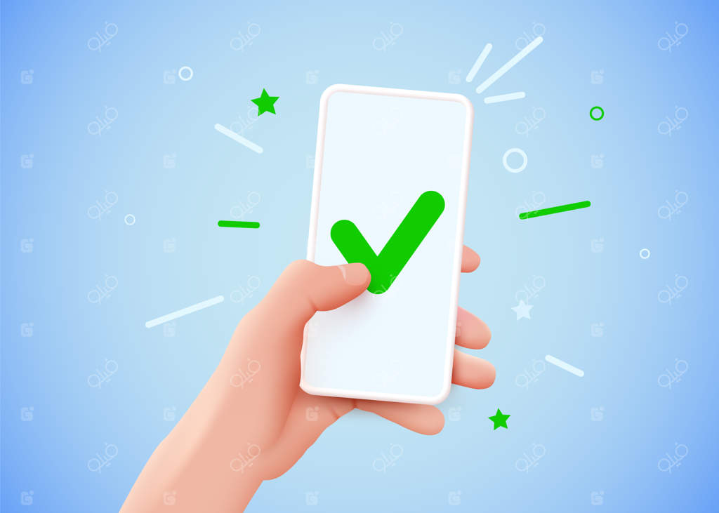 دستی که گوشی هوشمند را نگه داشته و علامت تیک روی صفحه نمایش می‌گذارد